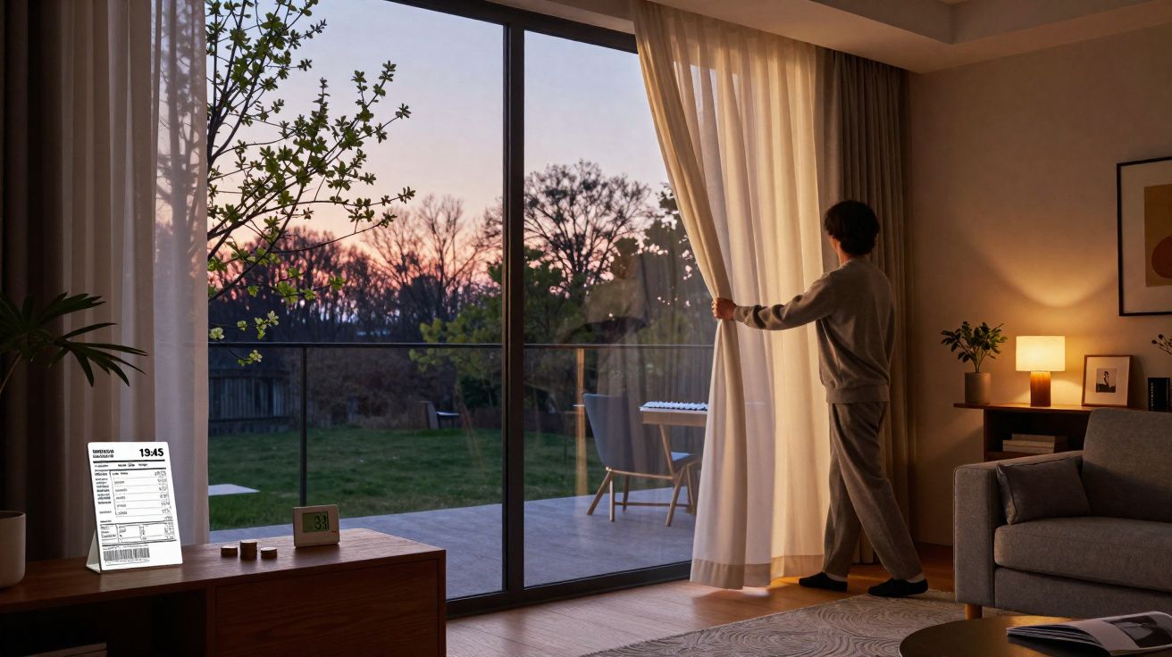 Pessoa a abrir cortina numa sala acolhedora com vista para jardim ao entardecer.