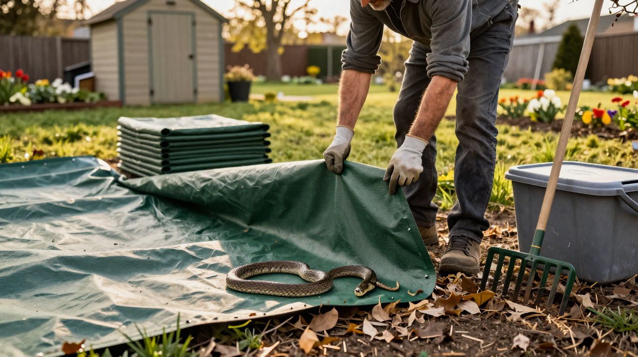 Pessoa a enrolar uma lona verde perto de uma cobra no solo de um jardim com luvas e roupa casual.