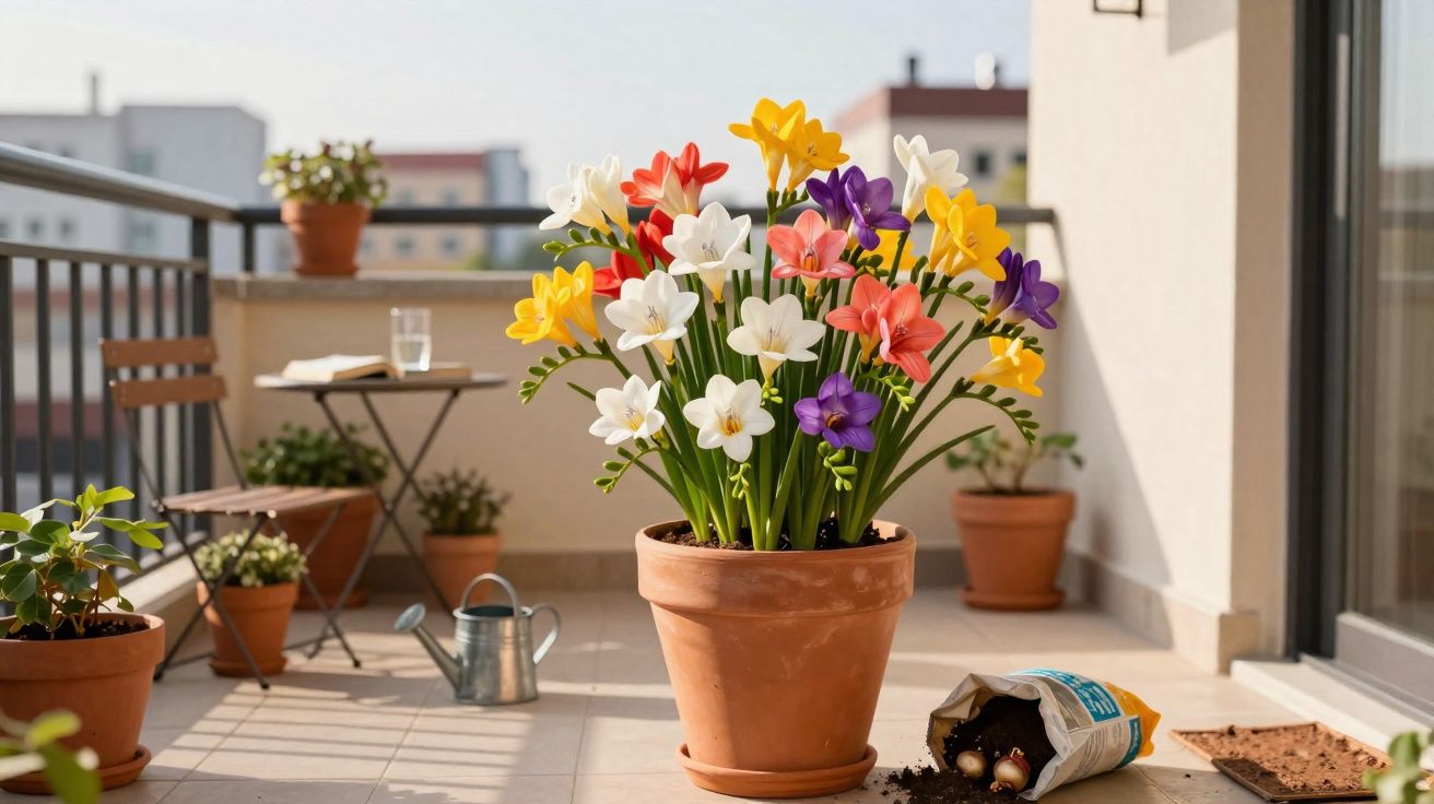 Vaso de barro com flores coloridas numa varanda iluminada pelo sol com ferramentas de jardinagem.
