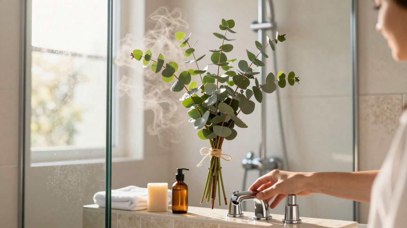Mão a ligar torneira numa casa de banho com toalhas, vela, frasco e raminho de eucalipto com vapor.