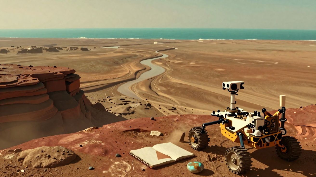 Rover exploratório numa paisagem árida com caderno aberto e objeto esférico sobre solo vermelho barrento.