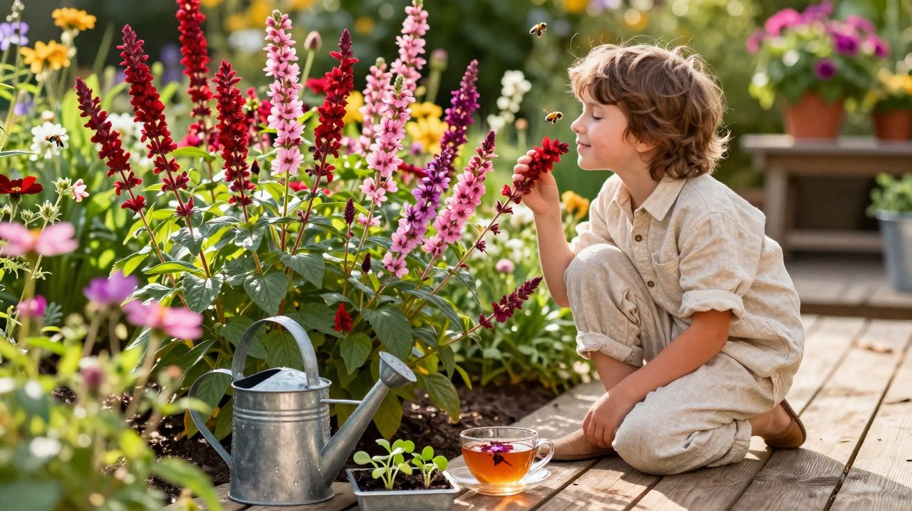 Criança agachada a cheirar flor vermelha num jardim florescente com regador e chá.