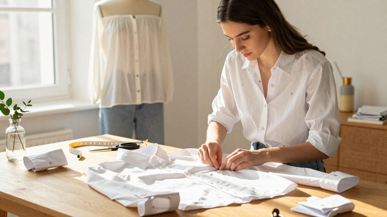 Mulher a costurar camisa branca num estúdio com manequim e materiais de costura na mesa iluminada.