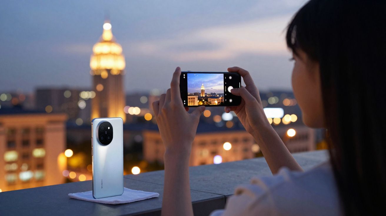 Pessoa a tirar foto de smartphone em terraço com cidade iluminada ao fundo durante o crepúsculo.