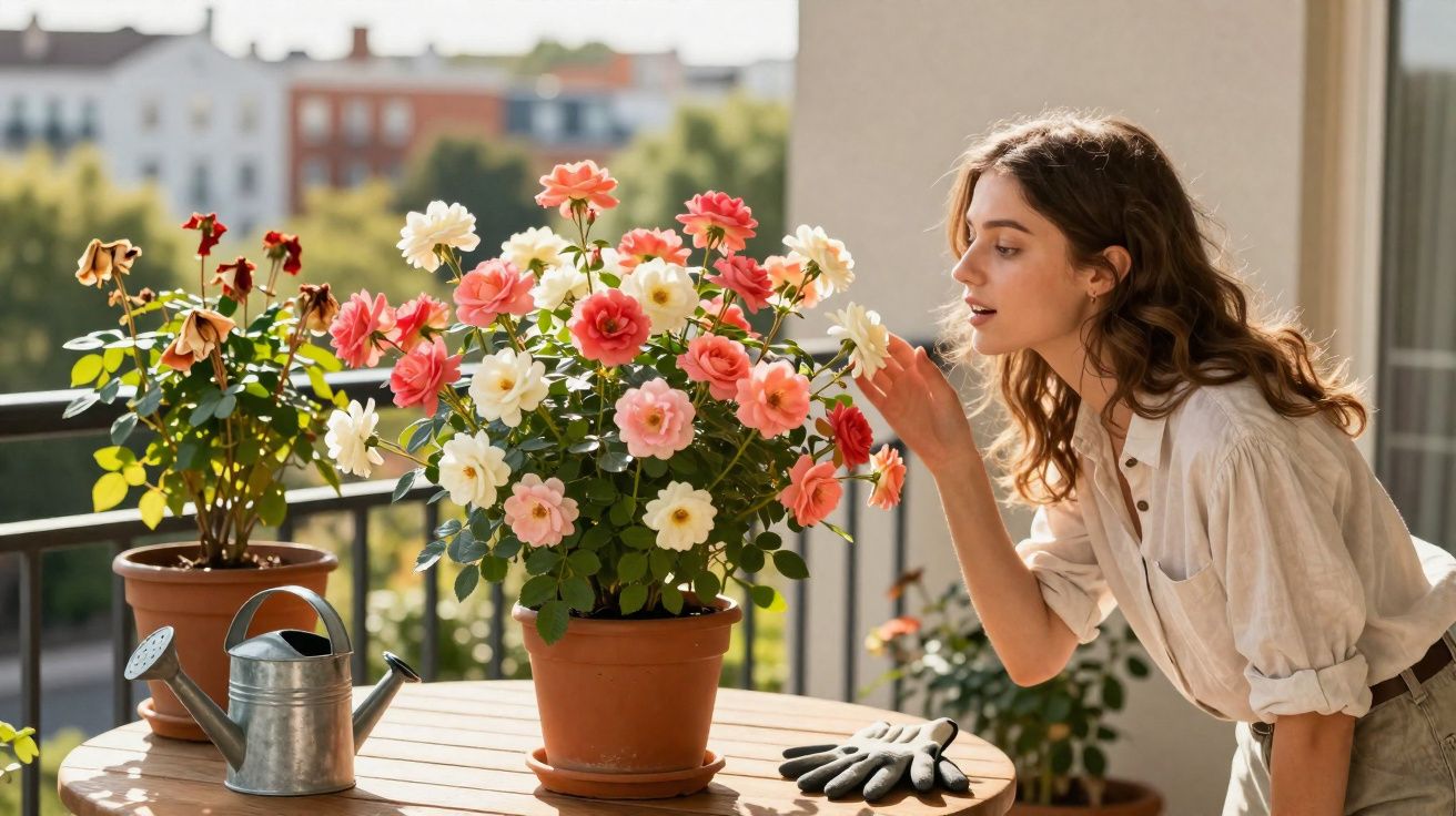 Mulher cheira flores cor-de-rosa e brancas num vaso numa varanda com plantas e regador.