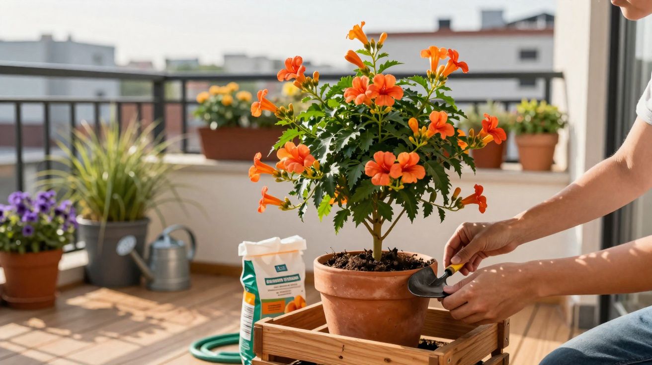 Pessoa a cuidar de planta com flores laranja num vaso de barro numa varanda ensolarada.
