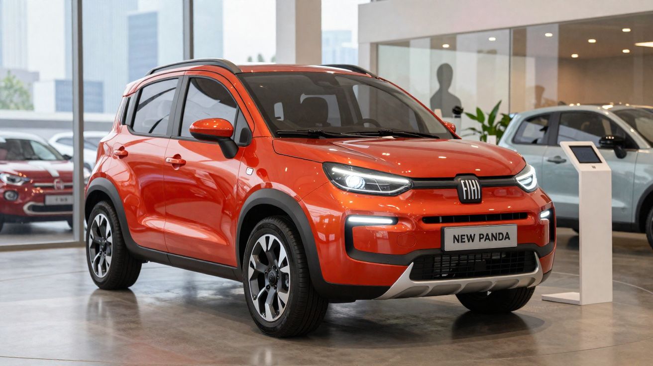 Carro Fiat New Panda laranja exposto numa sala de showroom com chão de cimento polido.
