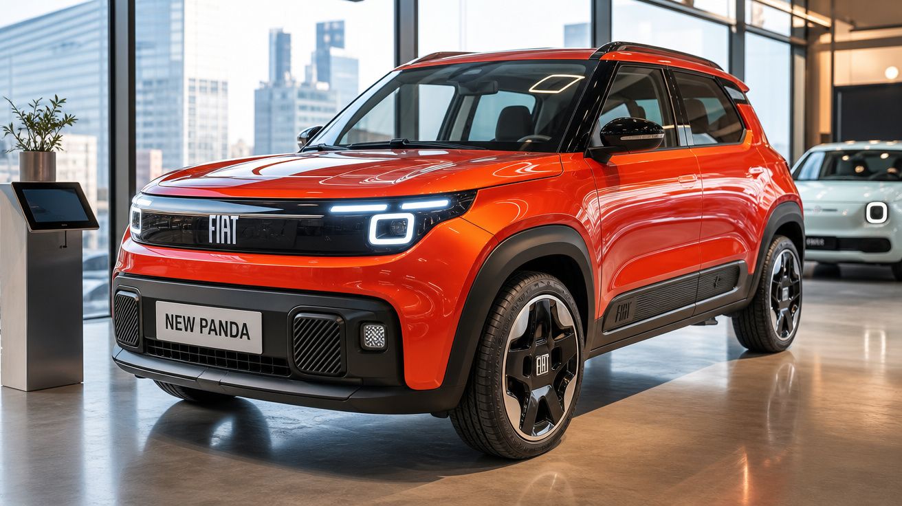 Fiat New Panda eléctrico laranja exposto num showroom moderno, com luz natural e piso polido.