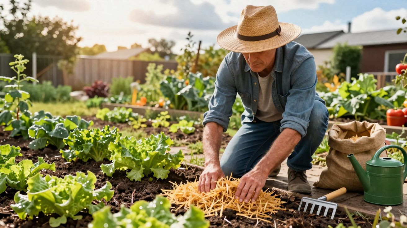 Homem com chapéu a cuidar de uma horta, espalhando palha entre plantas verdes ao entardecer.