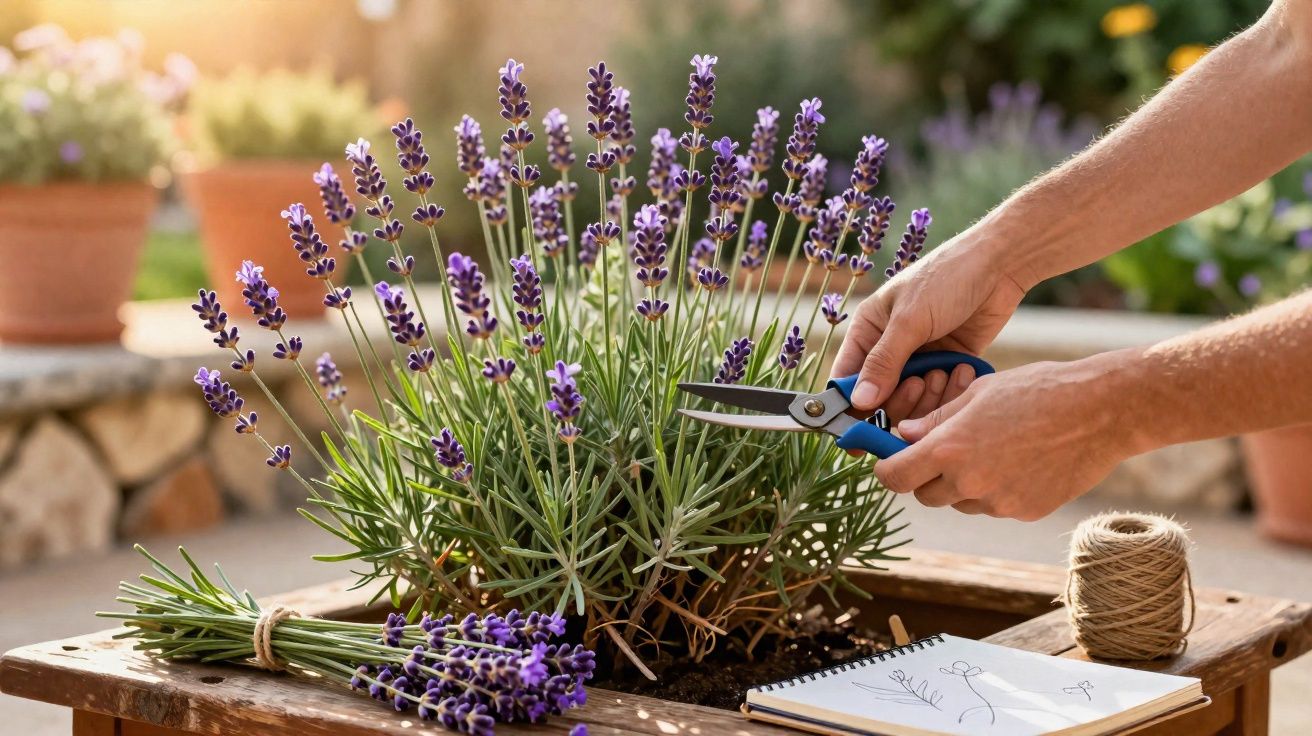 Pessoa a cortar flores de lavanda num vaso de madeira num jardim ensolarado.