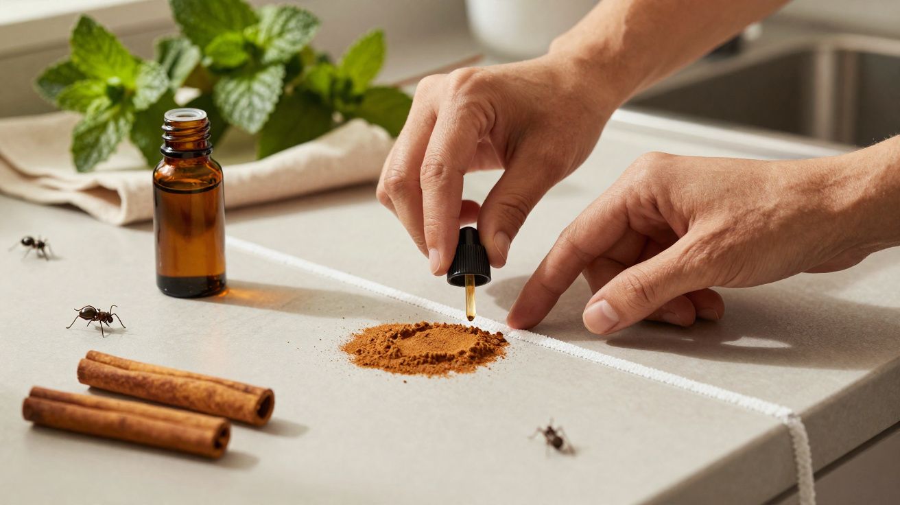 Mãos a aplicar óleo essencial em canela em pó para afastar formigas numa superfície com barreira de linha branca.
