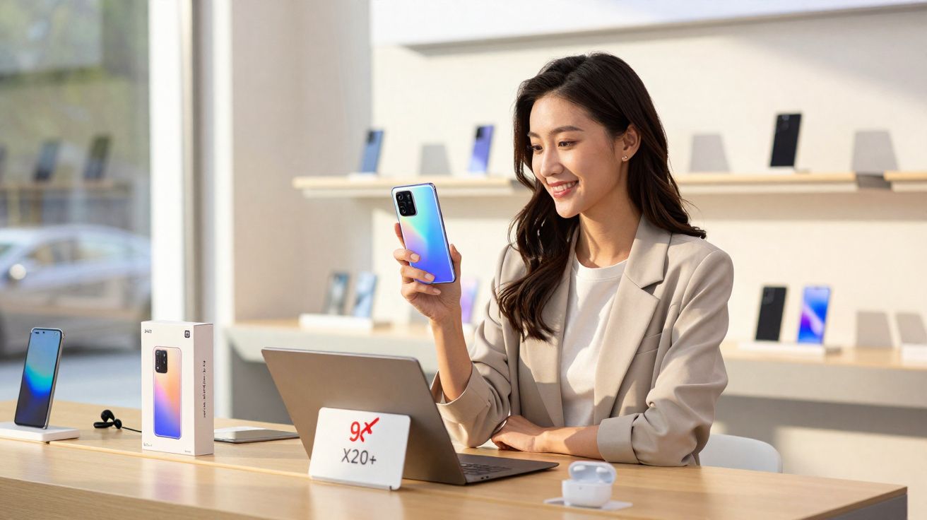 Mulher sorridente com telemóvel azul num espaço moderno de tecnologia com laptop e acessórios.
