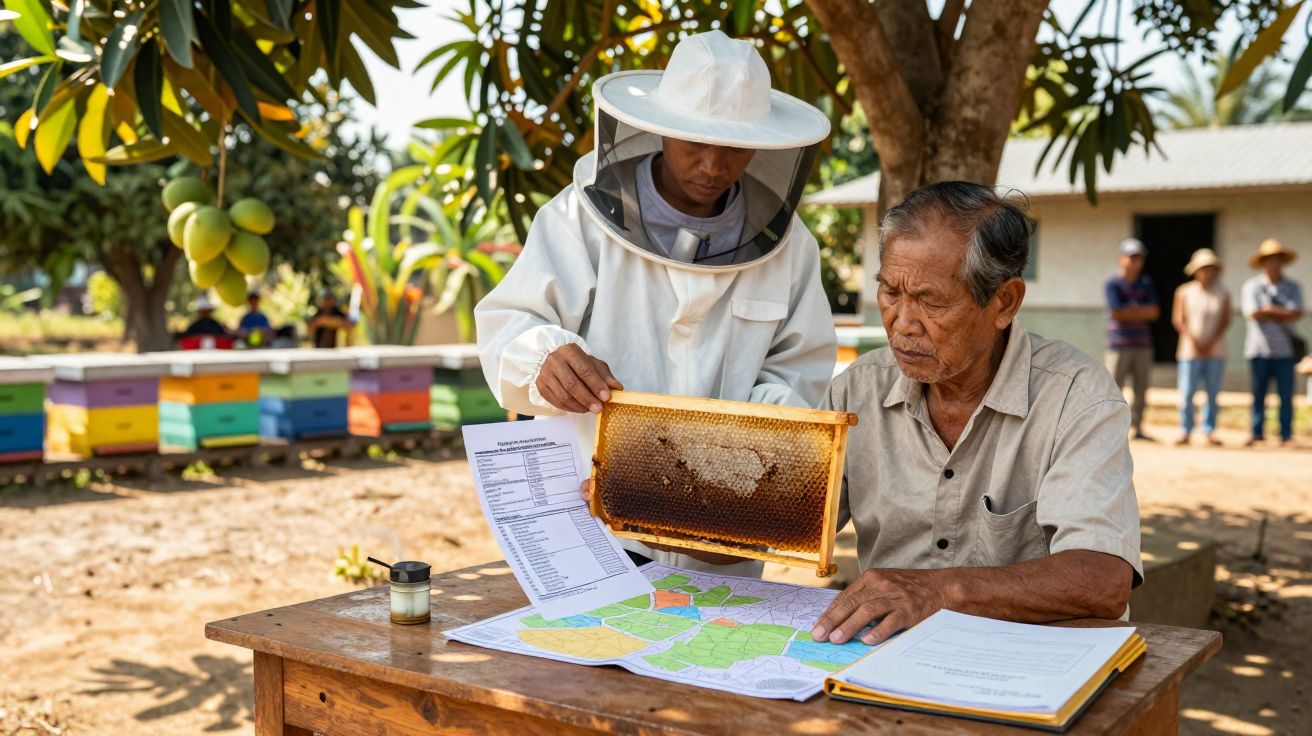 Dois homens analisam um favo de mel e mapas ao ar livre, com colmeias coloridas ao fundo.