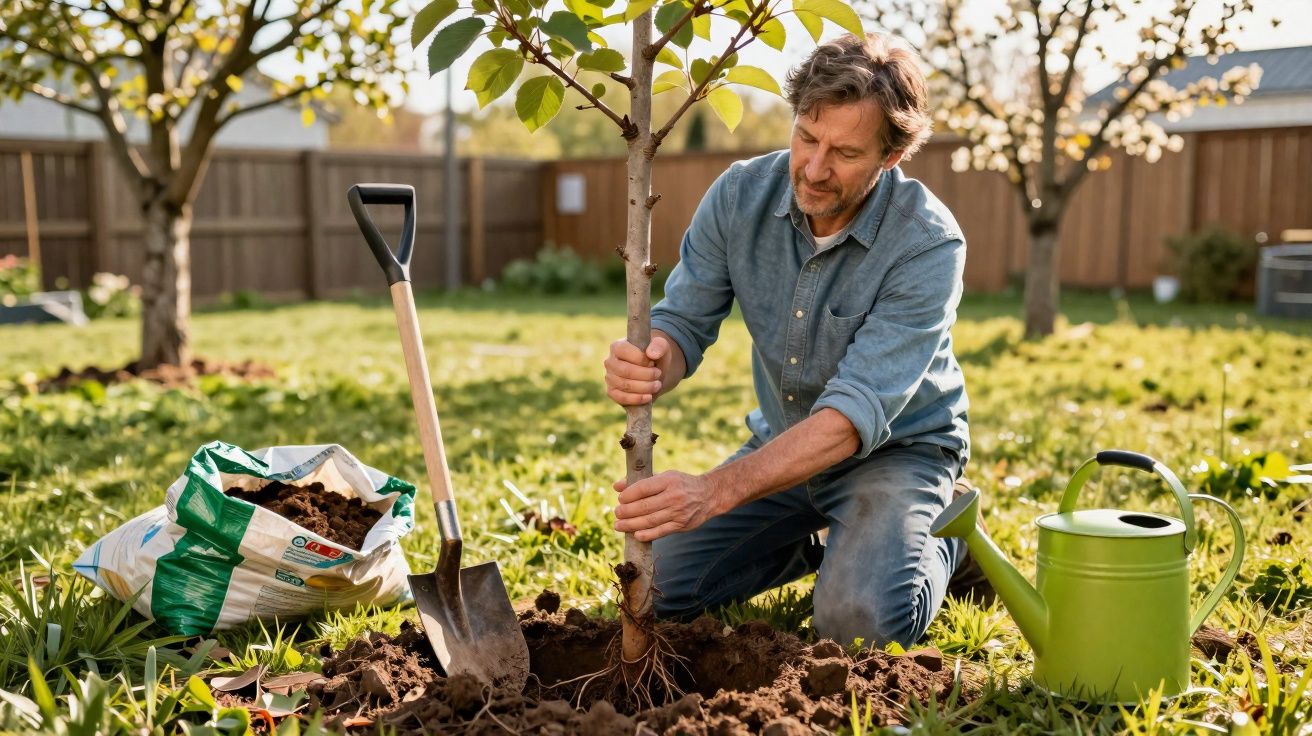 Homem a plantar uma árvore no jardim, com pá, regador e saco de terra ao seu lado.