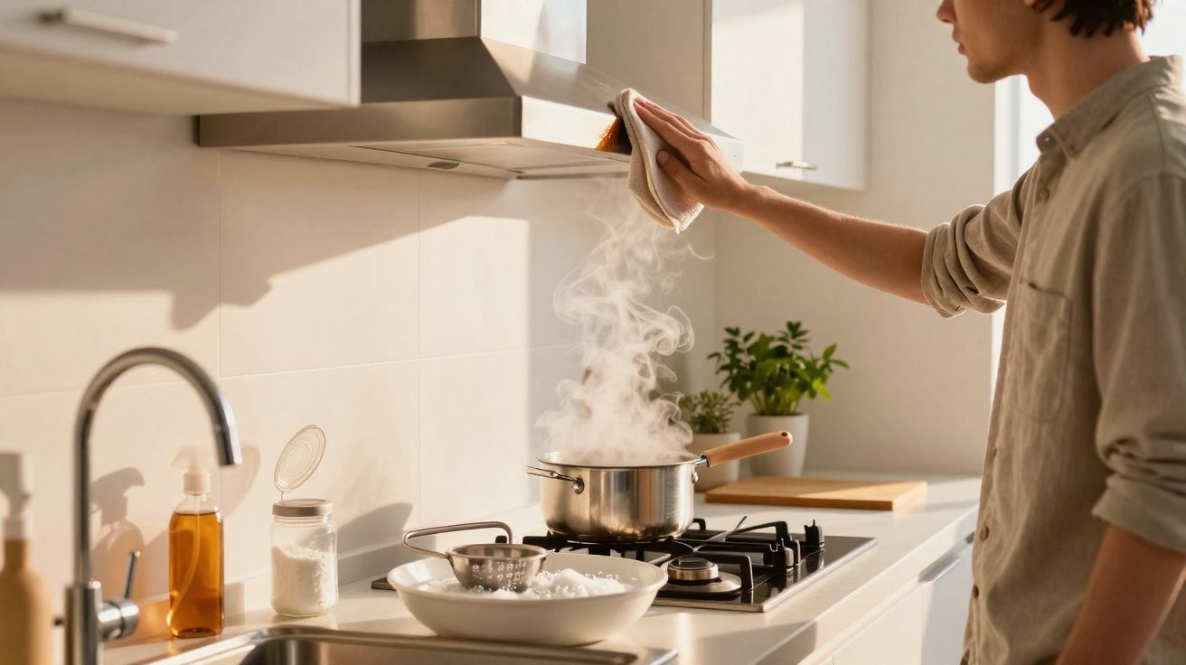 Pessoa a cozinhar num fogão de gás numa cozinha moderna com capuz e utensílios à volta.