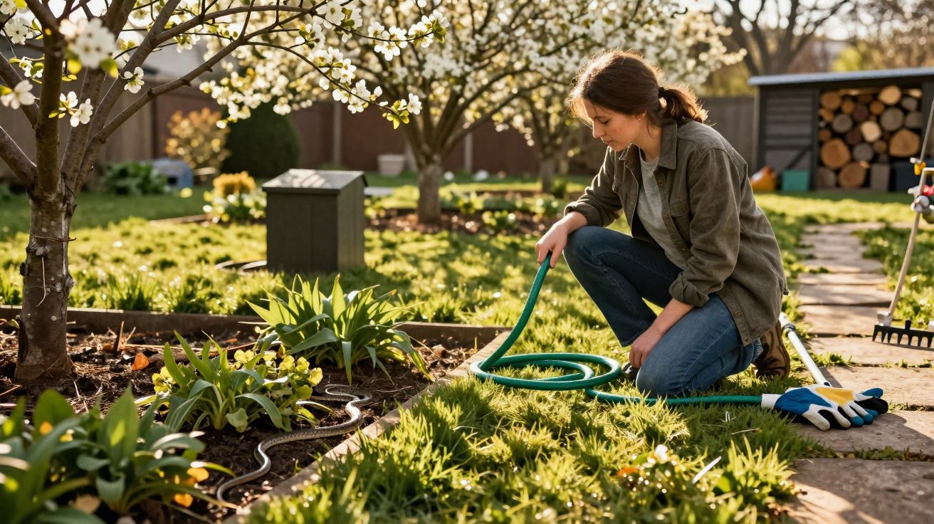 Mulher debruçada a regar plantas no jardim durante um dia soalheiro de primavera.