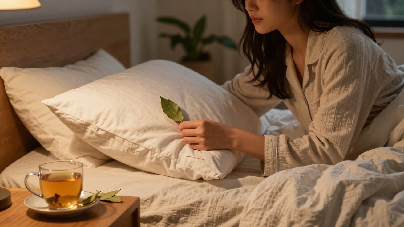 Pessoa em pijama a segurar uma folha, sentada numa cama com chá numa mesa de cabeceira ao lado.