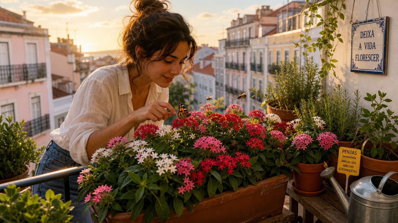 Mulher cuida de flores coloridas num terraço ao pôr do sol com placas que incentivam a natureza.