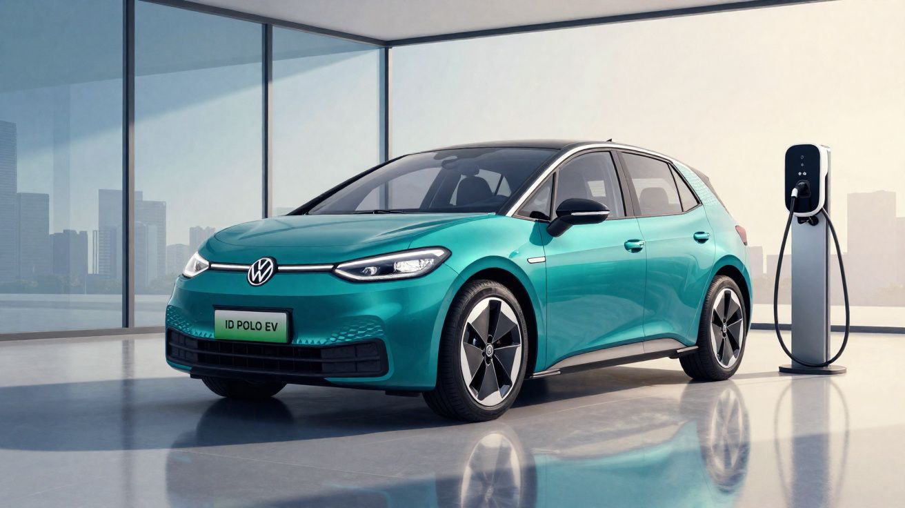 Carro elétrico Volkswagen ID. Polo EV azul estacionado junto a um posto de carregamento interior.