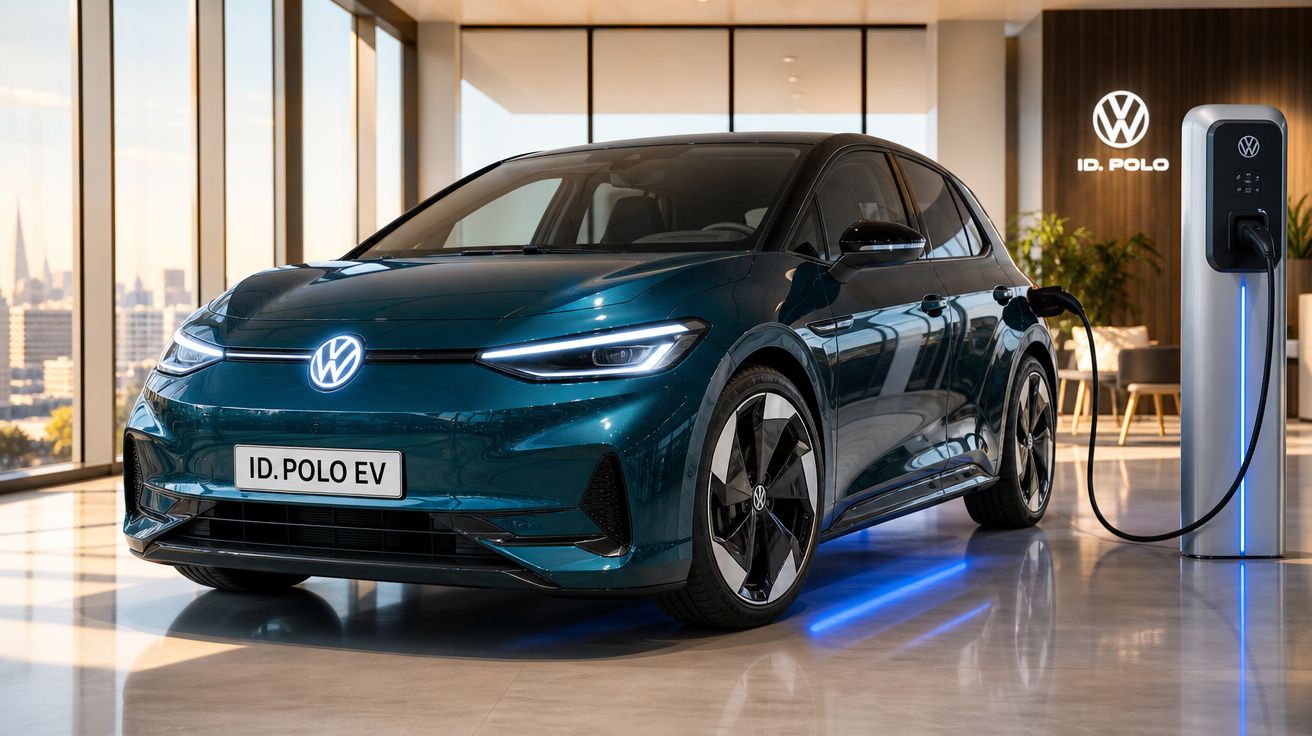 Carro elétrico Volkswagen ID. Polo EV azul a carregar numa estação de carregamento interior moderna.