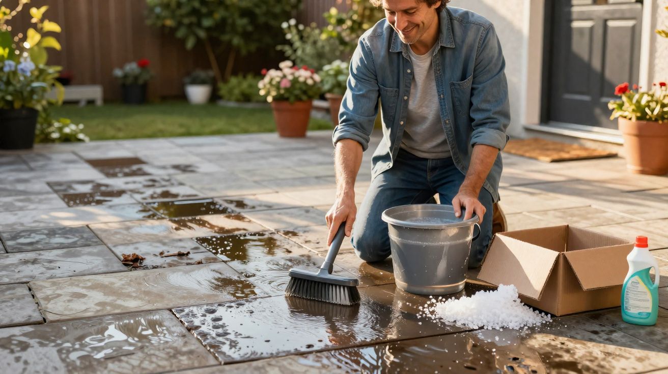 Homem a limpar o chão exterior de azulejos com escova, balde, detergente e espuma de limpeza.