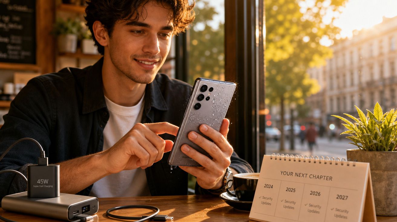 Homem sorridente usa telemóvel molhado numa cafetaria, com calendário e carregador na mesa iluminada pelo sol.
