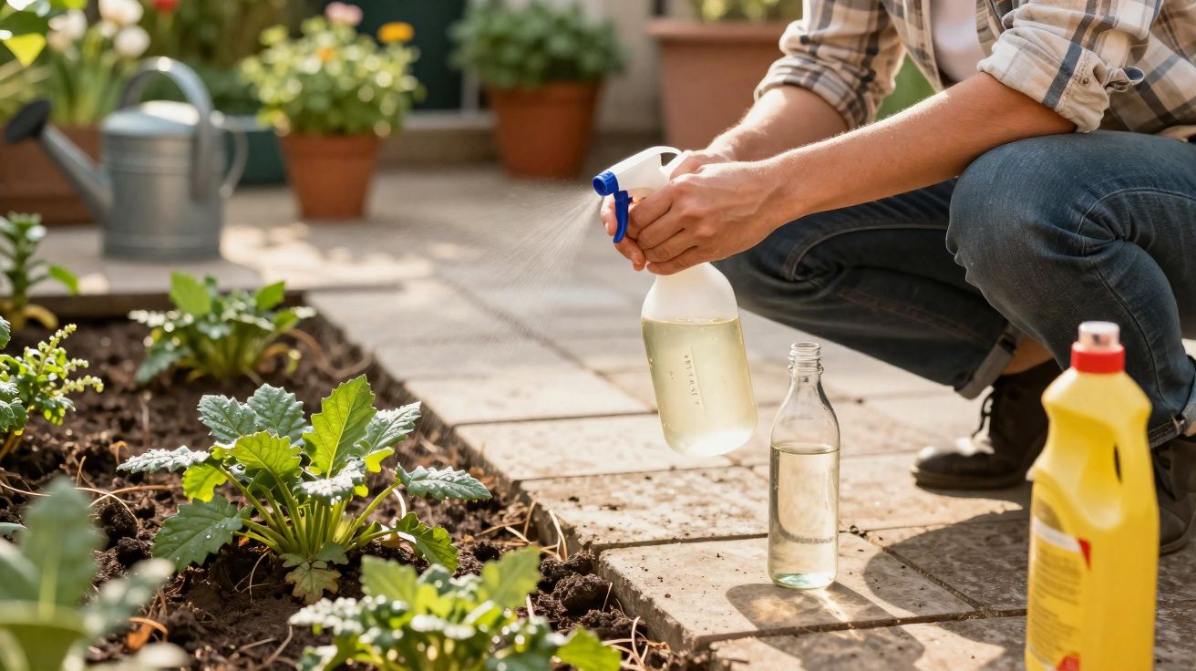 Pessoa a pulverizar plantas numa horta caseira com pulverizador e produtos ao lado no chão.