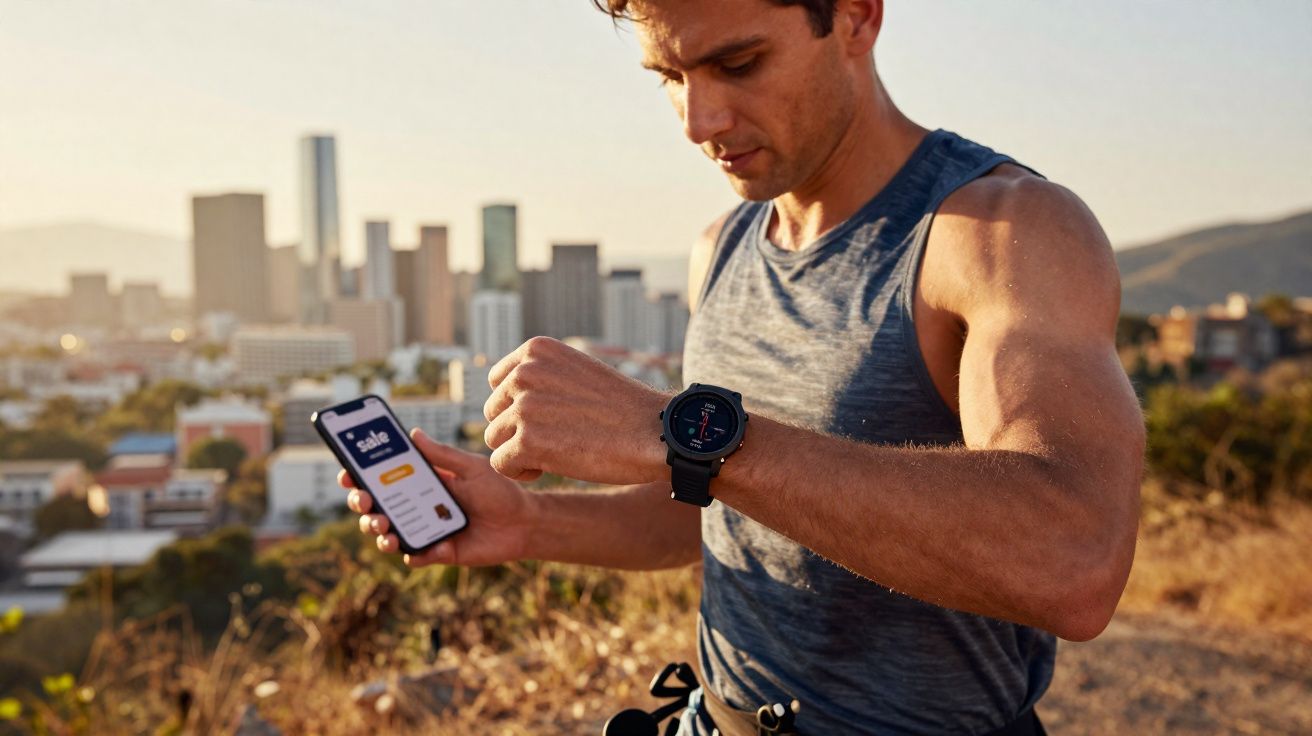 Homem a olhar para smartwatch enquanto segura telemóvel com aplicação fitness, ao ar livre numa cidade.