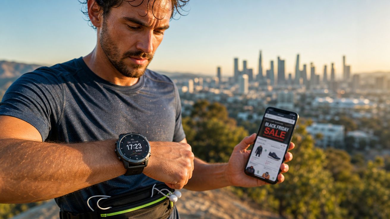 Homem de desporto a olhar para o smartwatch enquanto segura um telemóvel com promoções Black Friday, com cidade ao fundo.