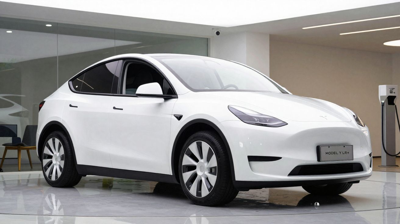 Carro elétrico Tesla Model Y branco estacionado em showroom moderno com chão brilhante.