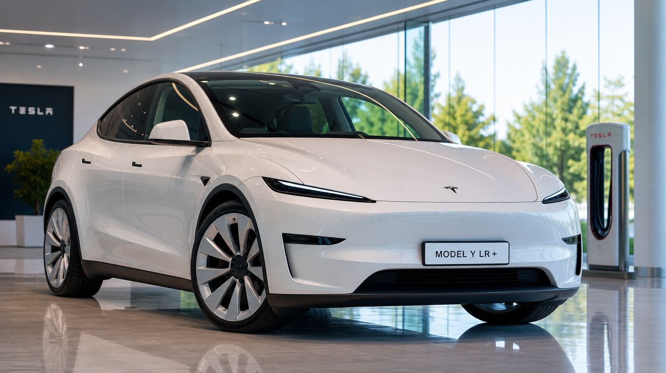 Carro elétrico Tesla Model Y LR+ branco estacionado em showroom moderno com grande janela.