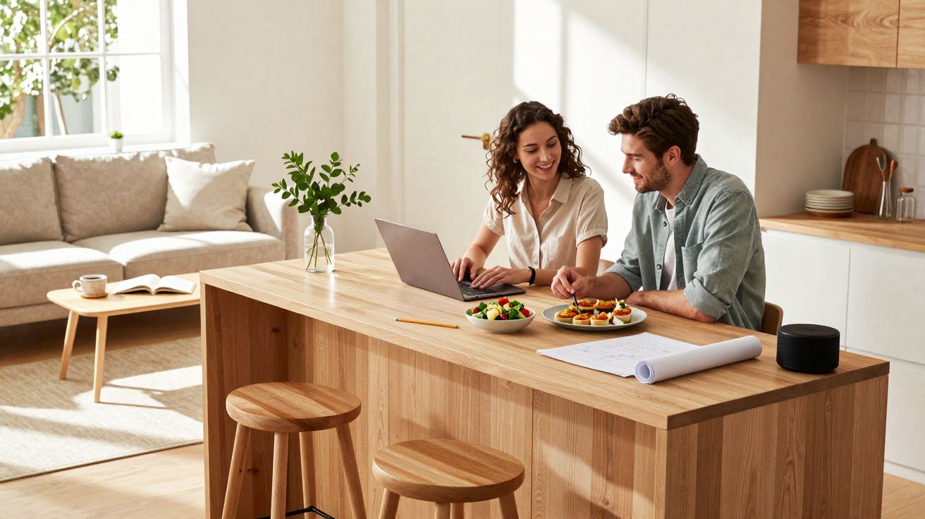 Casal sentado à mesa de cozinha com laptop, comida e plantas em ambiente luminoso e moderno.