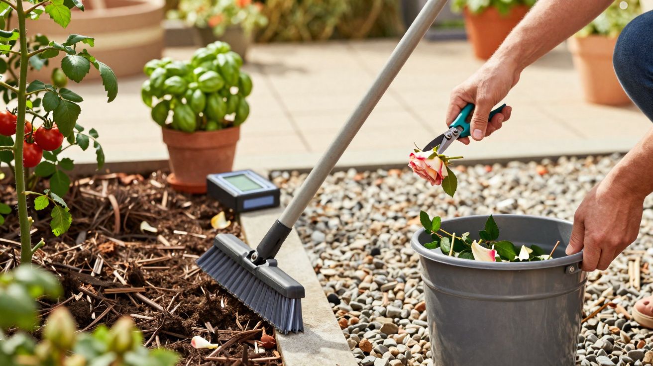 Pessoa a cortar rosas e a apanhar folhas num balde, com uma vassoura ao lado num jardim com plantas em vasos.