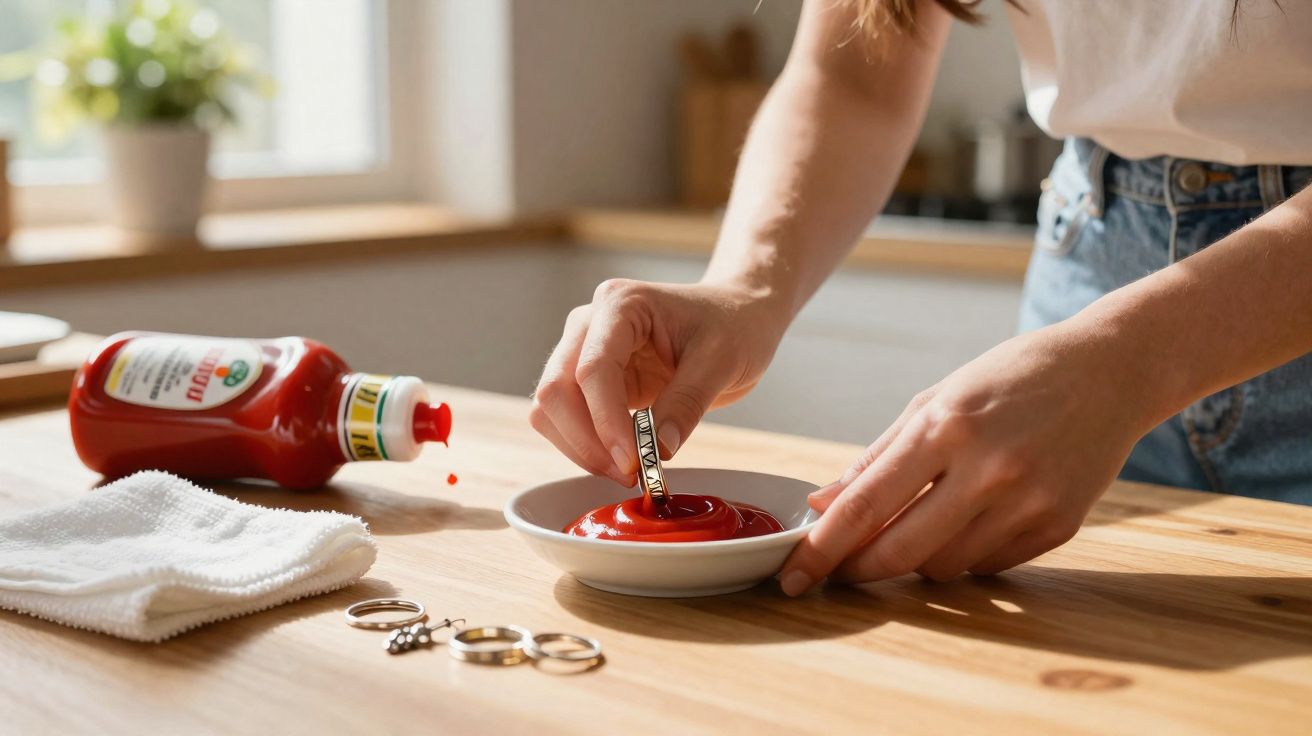 Pessoa mexe ketchup num prato pequeno com colher numa mesa de madeira iluminada pela luz natural.