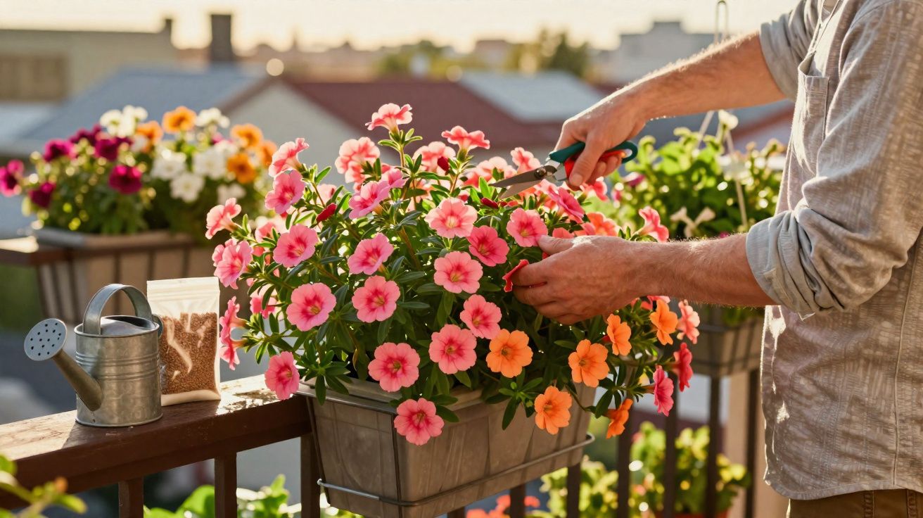 Pessoa a podar flores cor-de-rosa num vaso num terraço ensolarado ao fim da tarde.
