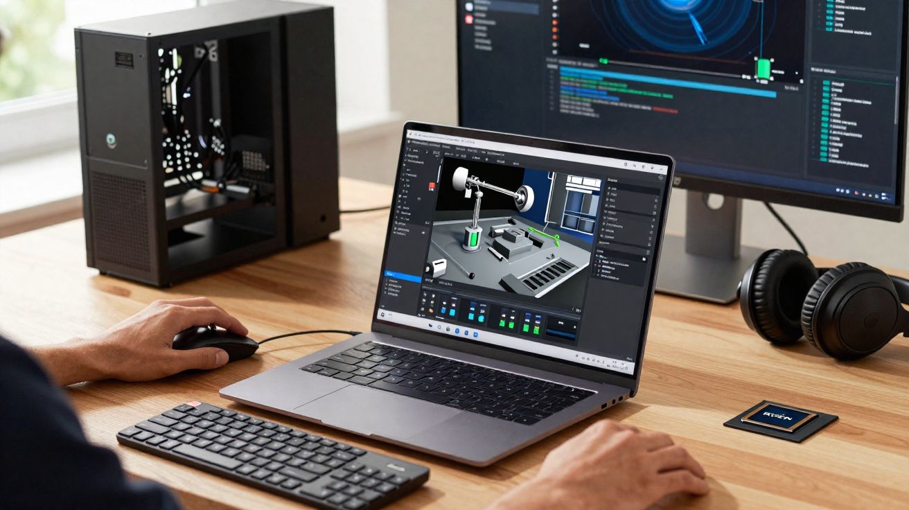 Pessoa a trabalhar num portátil com software de modelagem 3D, com monitor, teclado e headphones numa secretária.