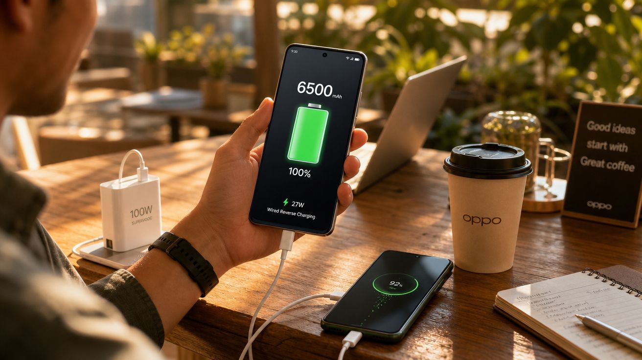 Pessoa a segurar telemóvel a carregar com bateria cheia, carregador rápido 100W e outro telemóvel na mesa.