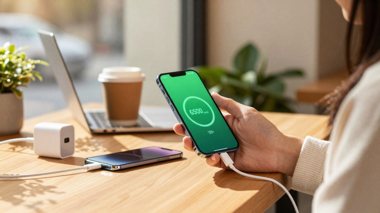 Pessoa a segurar um telemóvel a carregar com um indicador de bateria a 100% numa mesa com computador portátil e café.