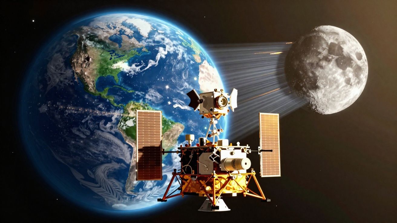 Satélite em órbita entre a Terra e a Lua, com feixes de luz a conectar o satélite à superfície lunar.
