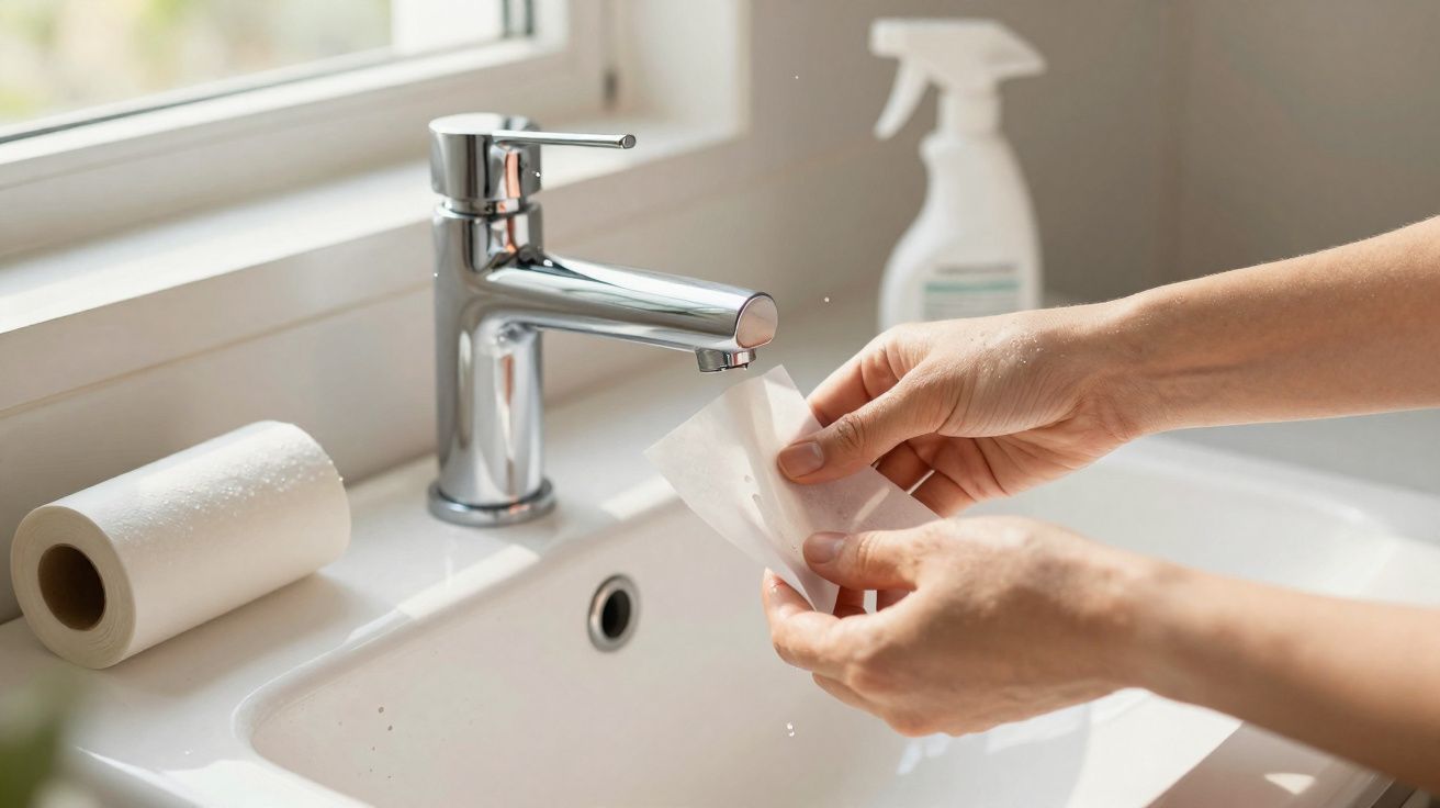 Pessoa limpa torneira cromada numa pia branca com papel de limpeza, rolo de papel e frasco borrifador ao fundo.