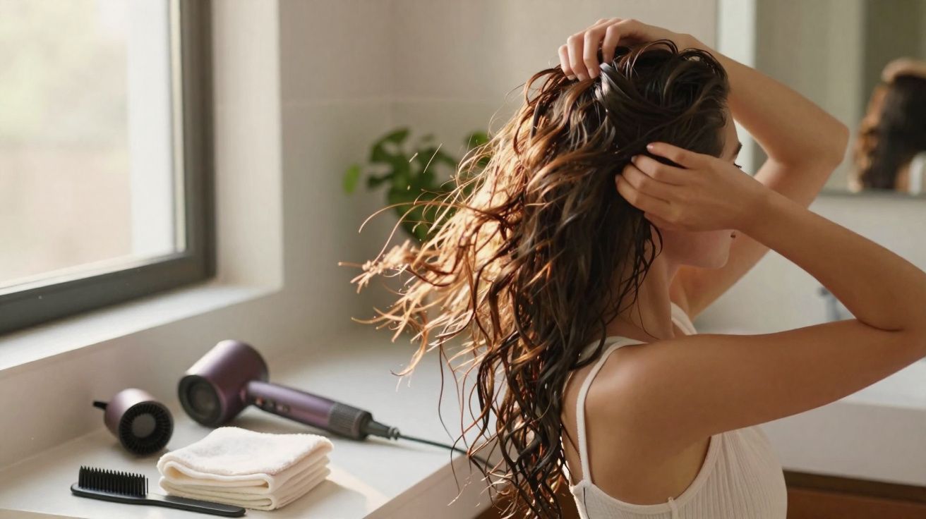 Mulher a secar o cabelo com secador numa casa de banho junto a uma janela.