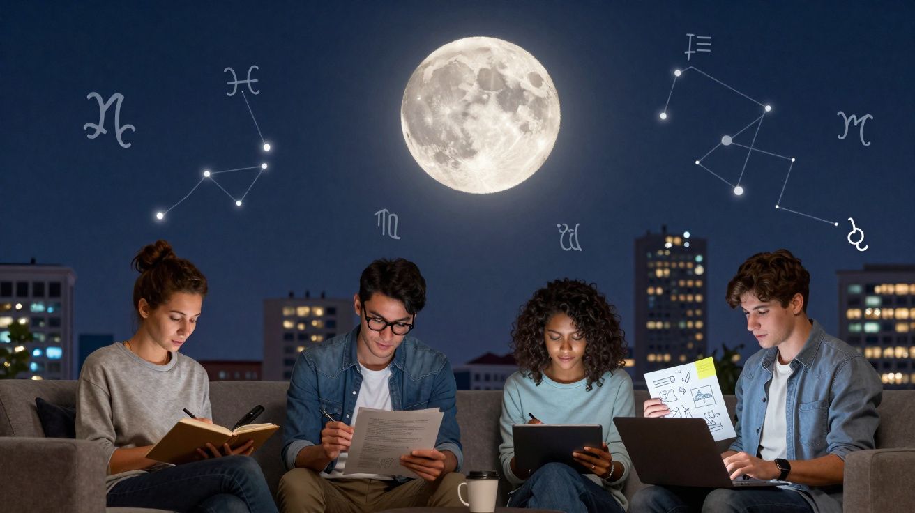 Quatro jovens a estudar à noite sob a lua cheia com constelações e símbolos zodiacais no céu.