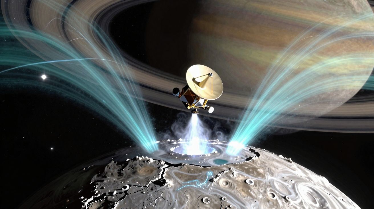 Sonda espacial a estudar erupções de jatos de gás numa lua gelada com anéis de Saturno ao fundo no espaço.