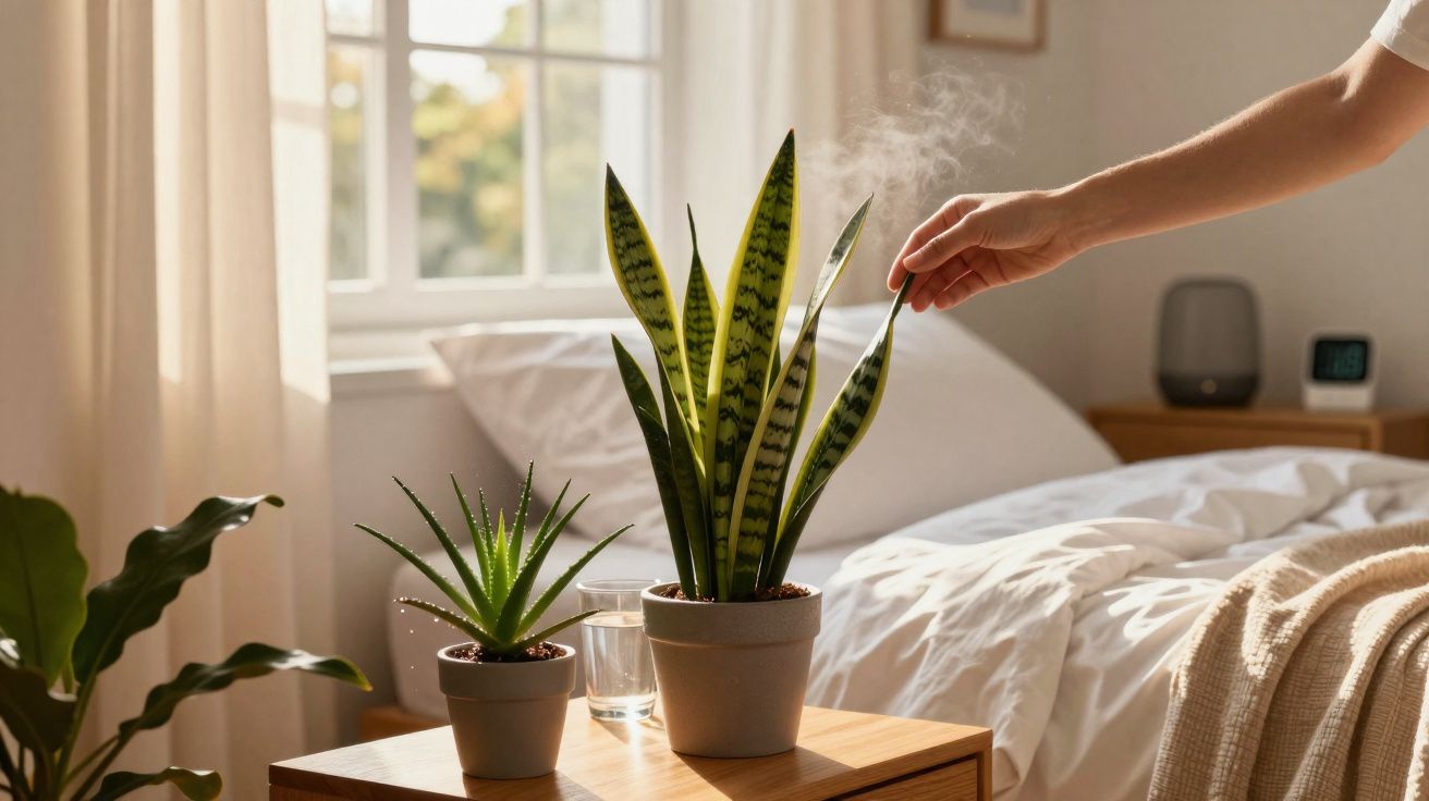 Mão vaporiza planta numa mesa ao lado de cama com luz natural e almofadas brancas.
