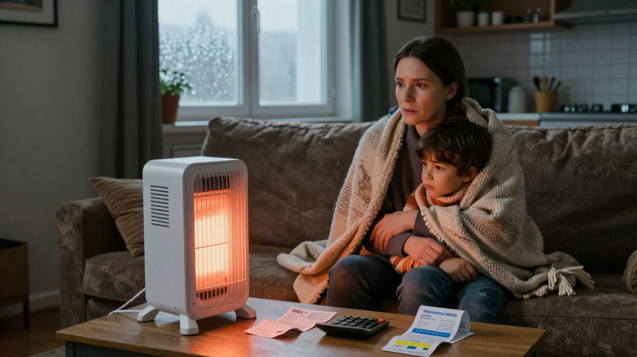 Mulher e criança sentados no sofá com manta, aquecidos por aquecedor elétrico numa sala durante chuva.