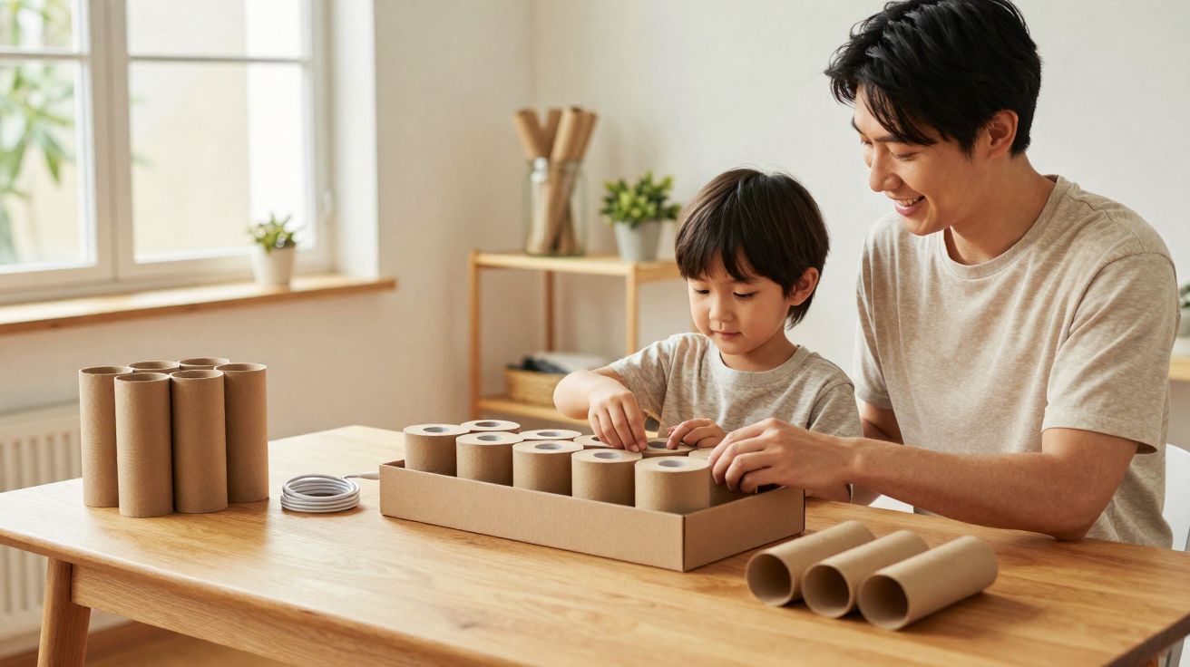 Pai e filho a construir projeto com rolos de cartão numa mesa de madeira, num ambiente iluminado e acolhedor.