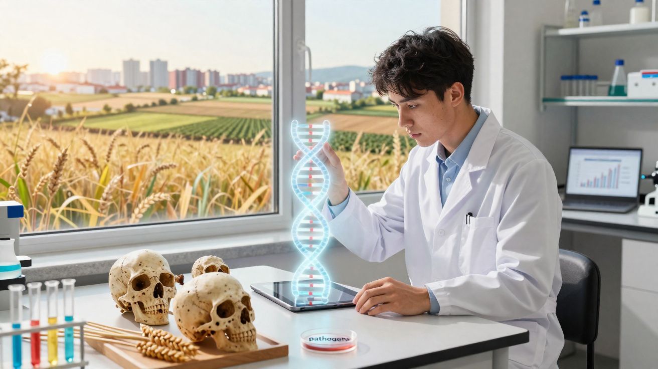 Cientista em laboratório analisa imagem digital de hélice de DNA com crânios e campo visível pela janela.