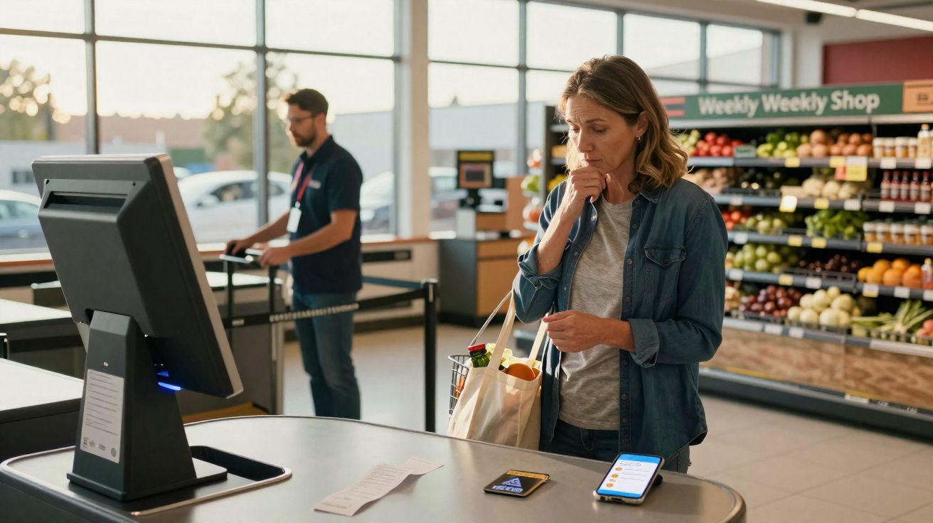 Mulher na fila do supermercado, a tossir e com compras numa sacola reutilizável.