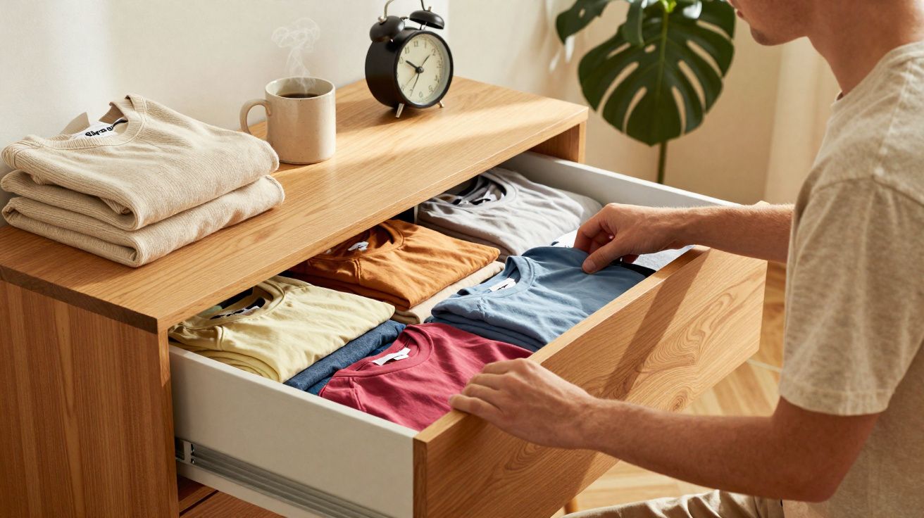 Pessoa a organizar t-shirts coloridas em gaveta de madeira com relógio e chá na superfície superior.