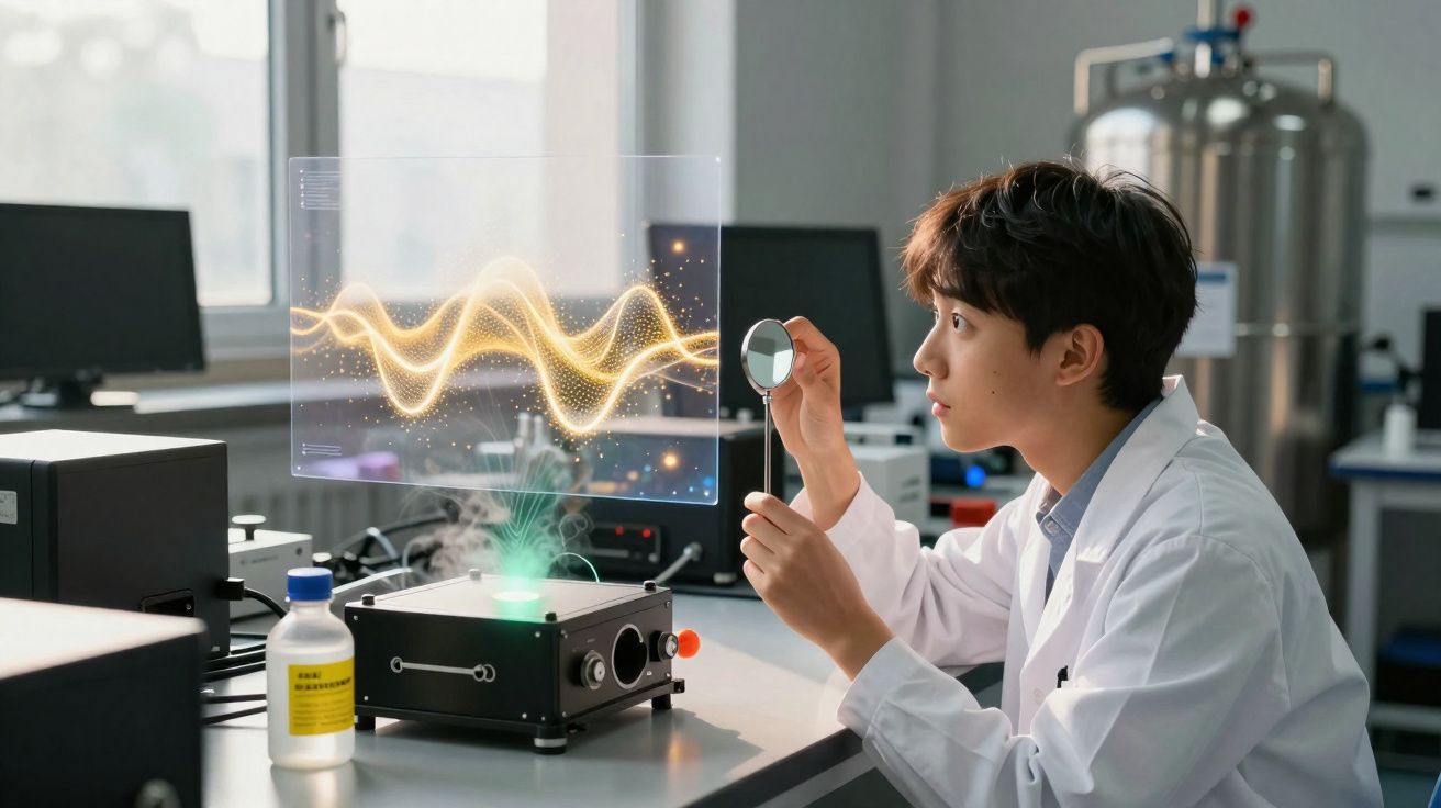Jovem cientista em laboratório observa onda holográfica com lente de aumento e equipamento moderno.